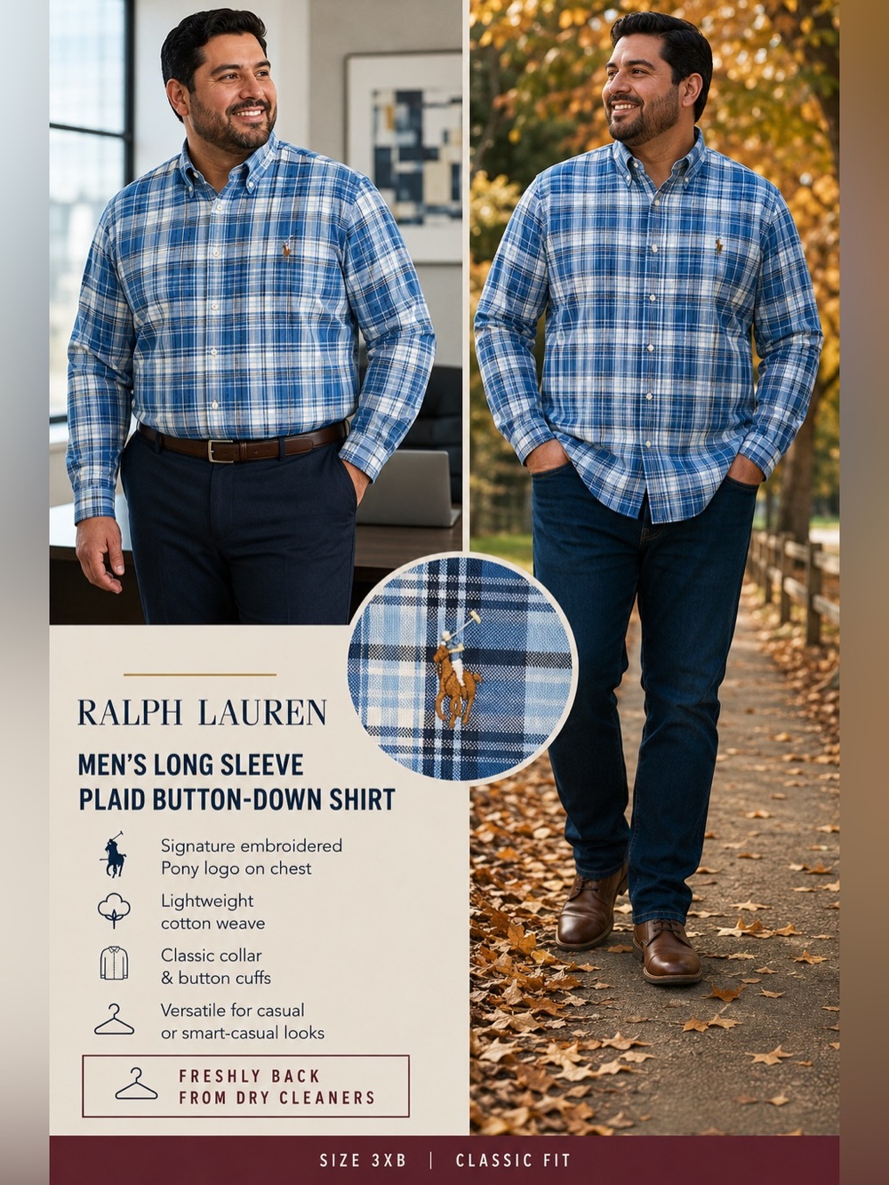 **Dry Cleaned** Polo by Ralph Lauren Blue White Plaid Button-Down Shirt Size 3XB